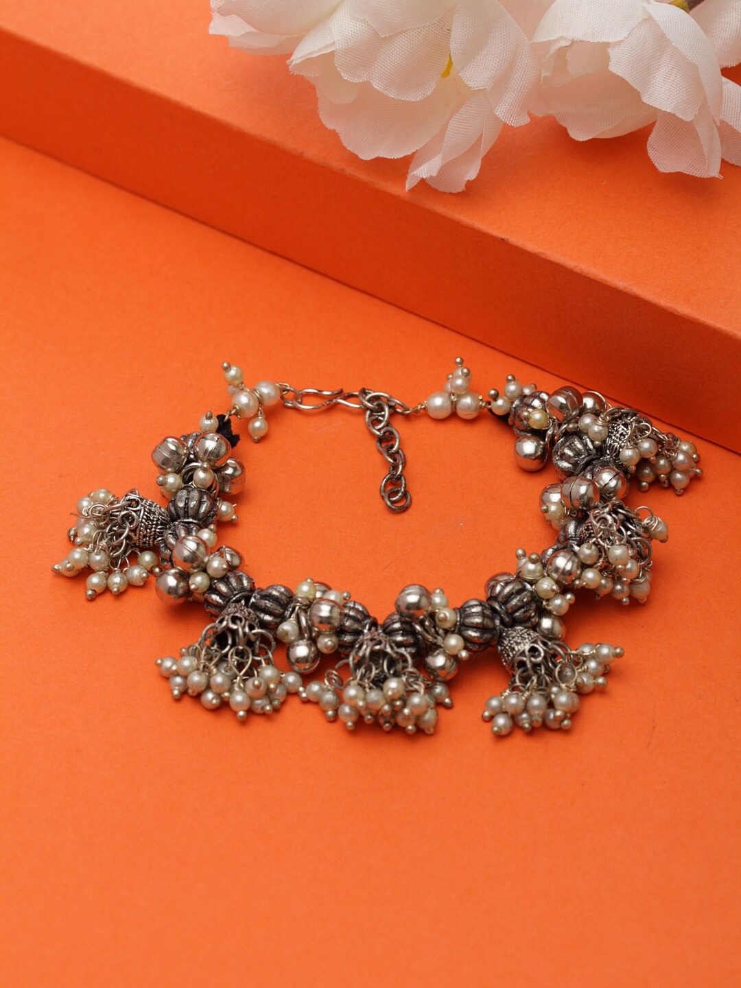 Moedbuille Silver-Plated Handcrafted Jhumki Charm Bracelet