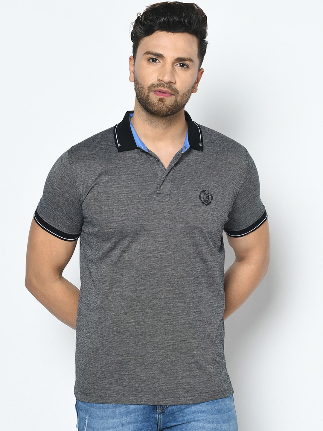 Duke Men Charcoal Solid Polo Collar T-shirt