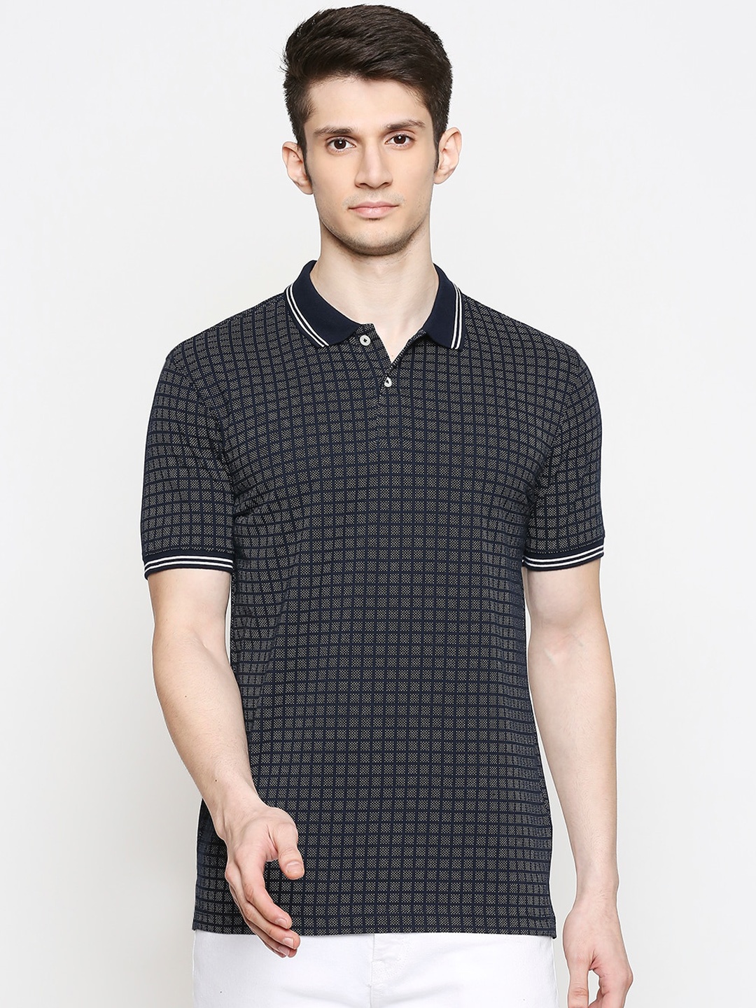 

BYFORD by Pantaloons Men Navy Blue Printed Slim Fit Polo Collar Pure Cotton T-shirt