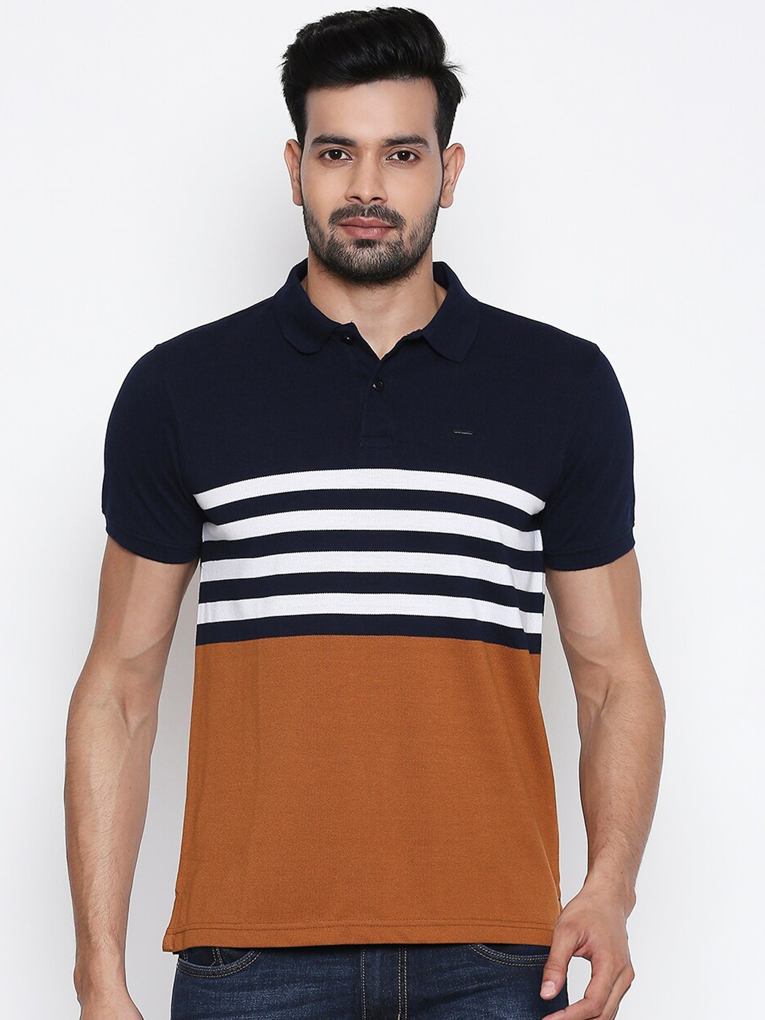 

People Men Navy Blue Striped Polo Collar T-shirt