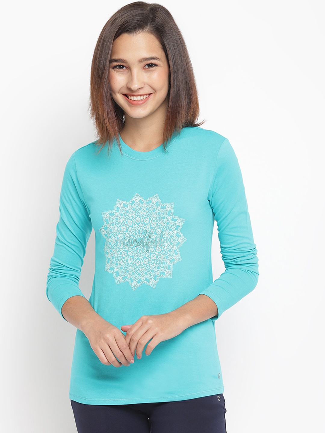 

Enamor Women Graphic Print Basic Crew Neck Stretch Cotton Tee E157, Blue