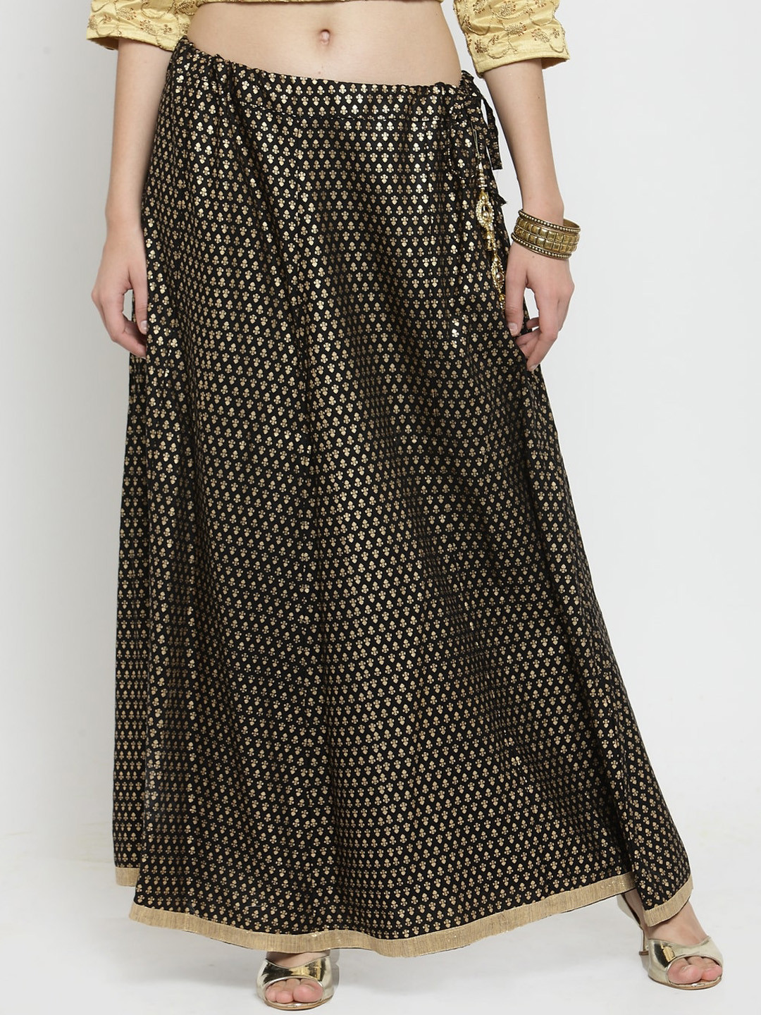 

Clora Creation Women Black & Gold-Colour Printed Flared Maxi Skirt