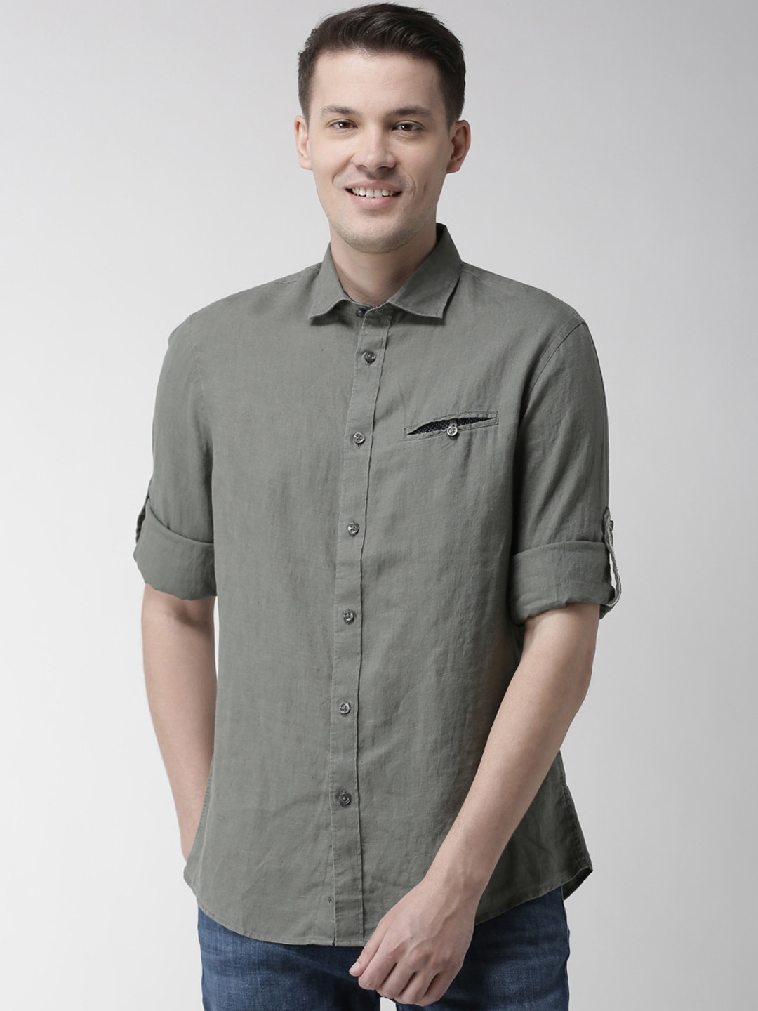

Celio Men Olive Green Regular Fit Solid Casual Shirt