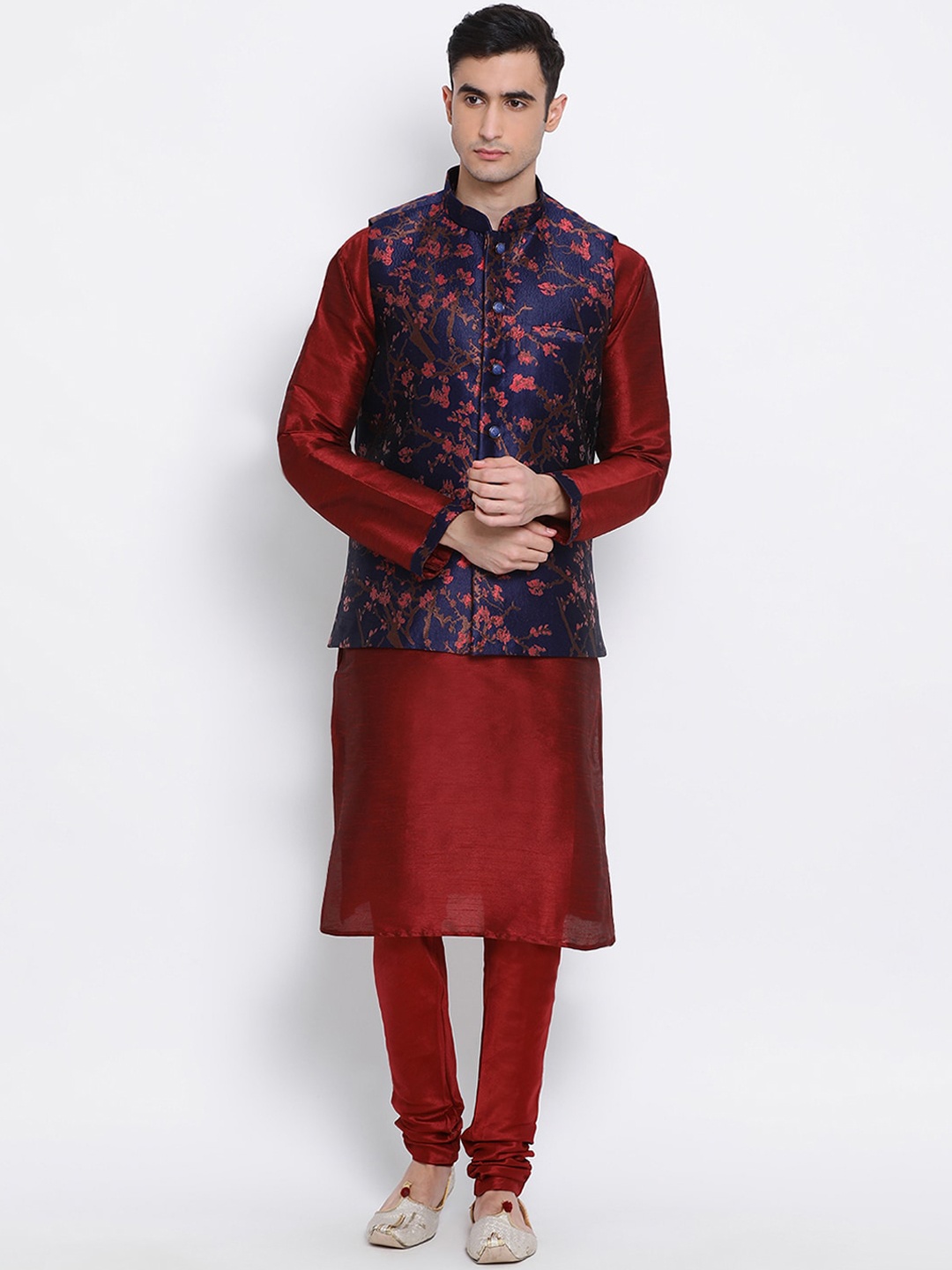 

Sanwara Men Maroon Embroidered Kurta Bandi Jacket Set With Churidar
