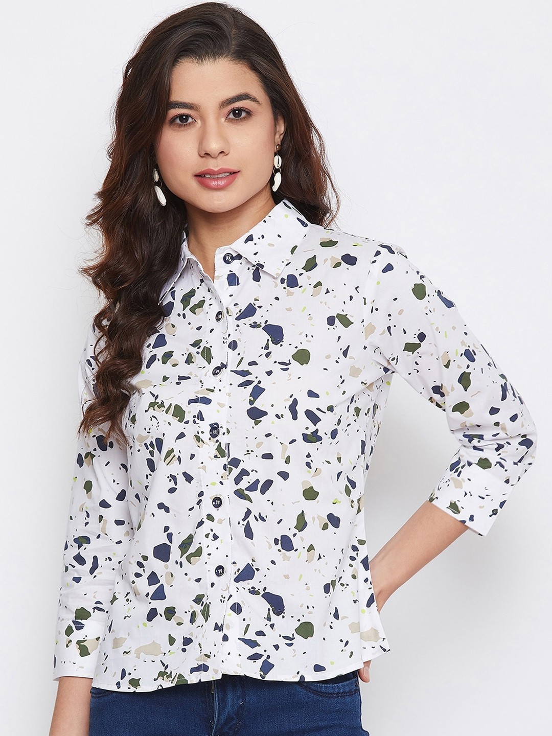 

Imfashini Women White Printed Shirt Style Top