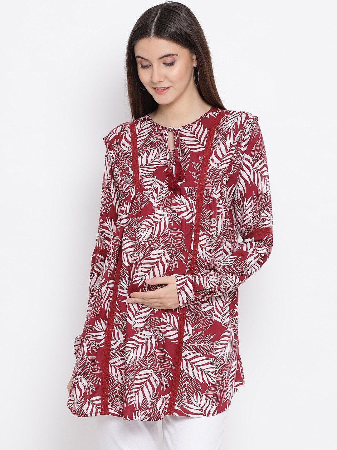 

Oxolloxo Women Maroon Printed Maternity Longline Top