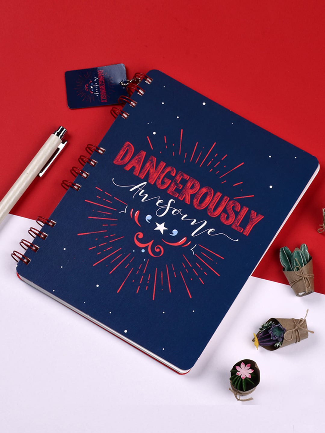 

Doodle Navy Blue & Red Dangerously Awesome Spiral Notebook With Fancy Dangler