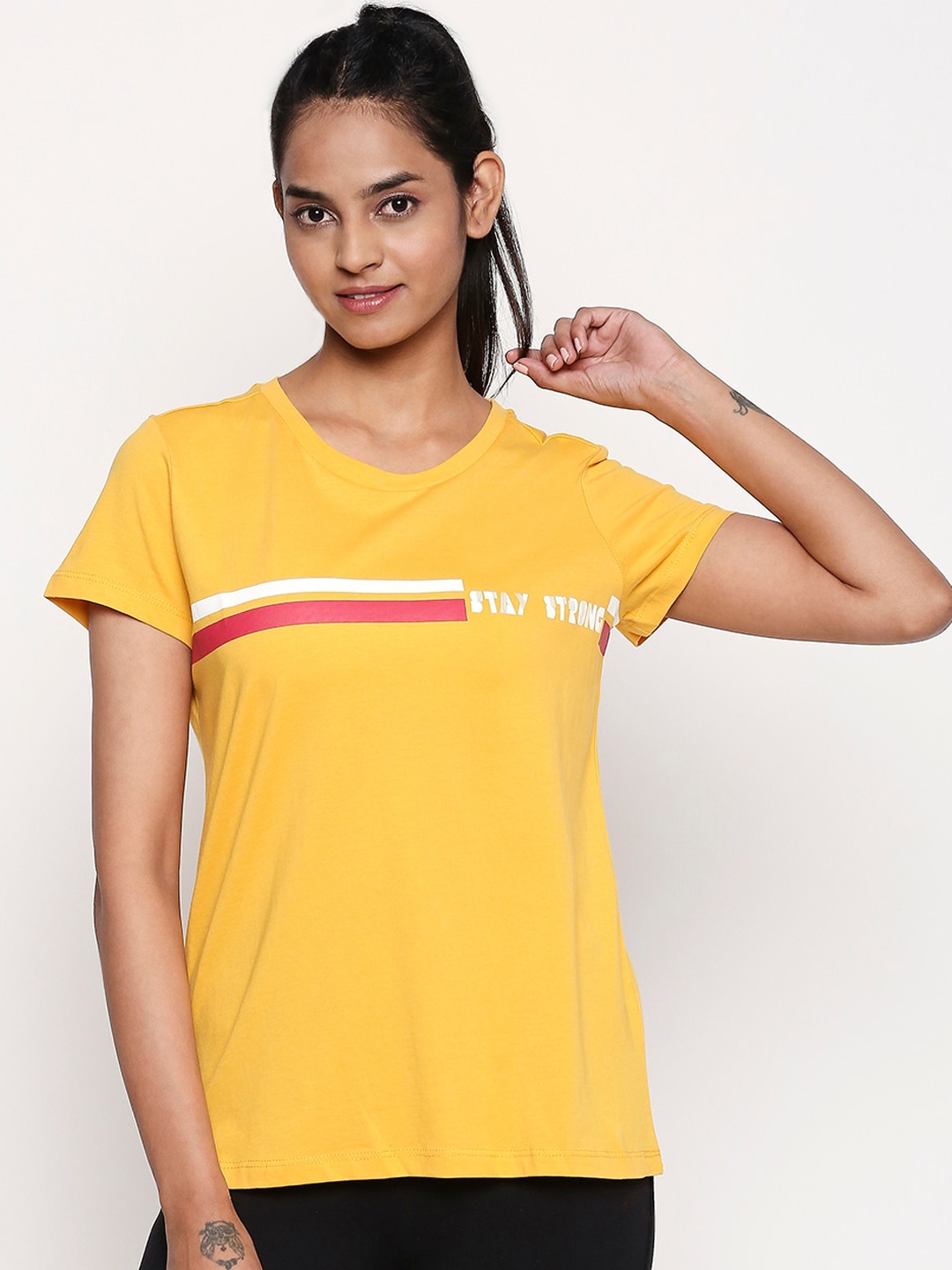 

Ajile by Pantaloons Women Mustard Yellow Printed Cotton Top