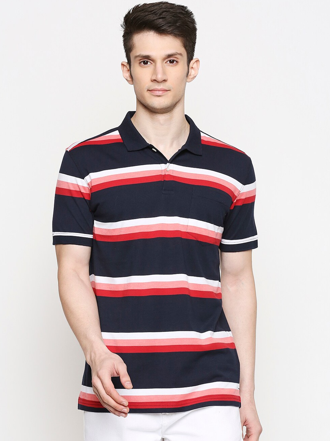 

BYFORD by Pantaloons Men Navy Blue Slim Fit Striped Polo Collar Pure Cotton T-shirt