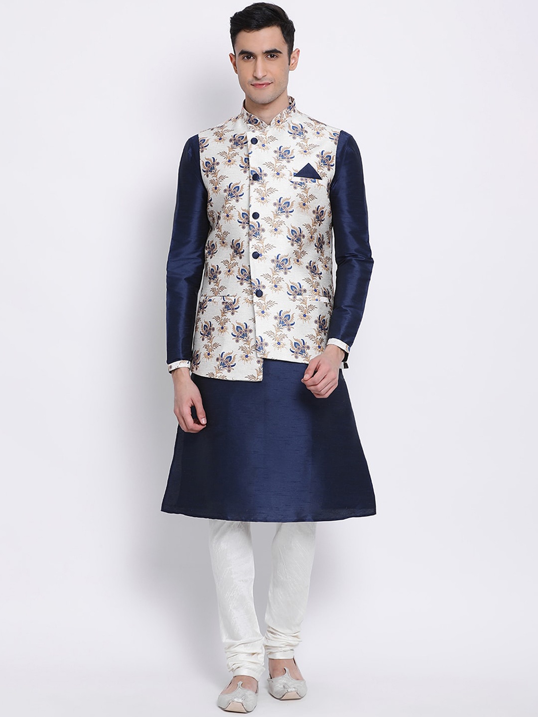 

Sanwara Men Navy Blue & White Solid Kurta Nehru Jacket Set with Pyjamas