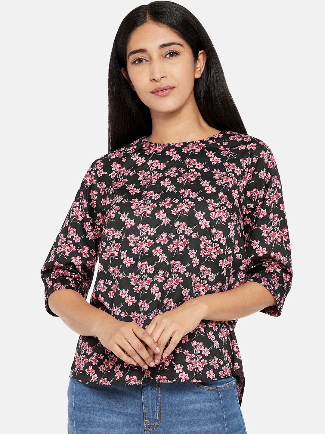

Annabelle by Pantaloons Women Black & Pink Floral Printed Top