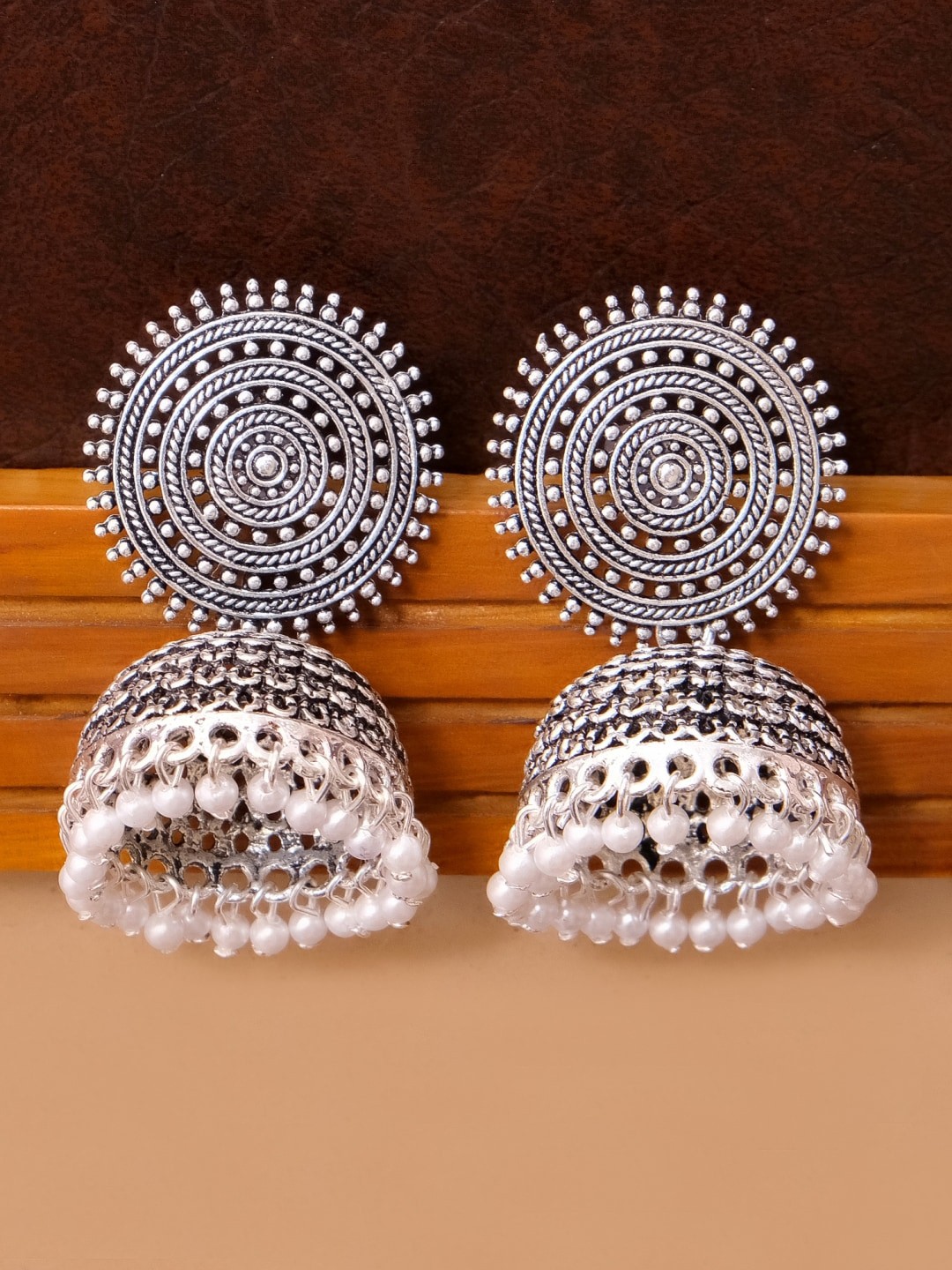 

Crunchy Fashion Silver-Toned Dome Shaped Jhumkas