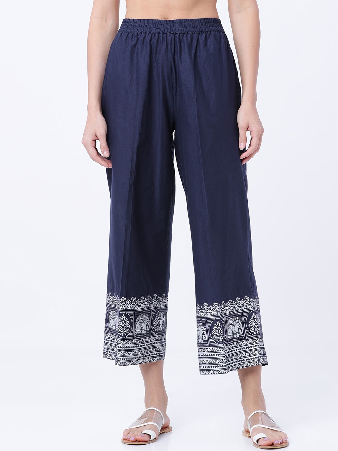 

Vishudh Women Navy Blue & White Hem Design Straight Palazzos