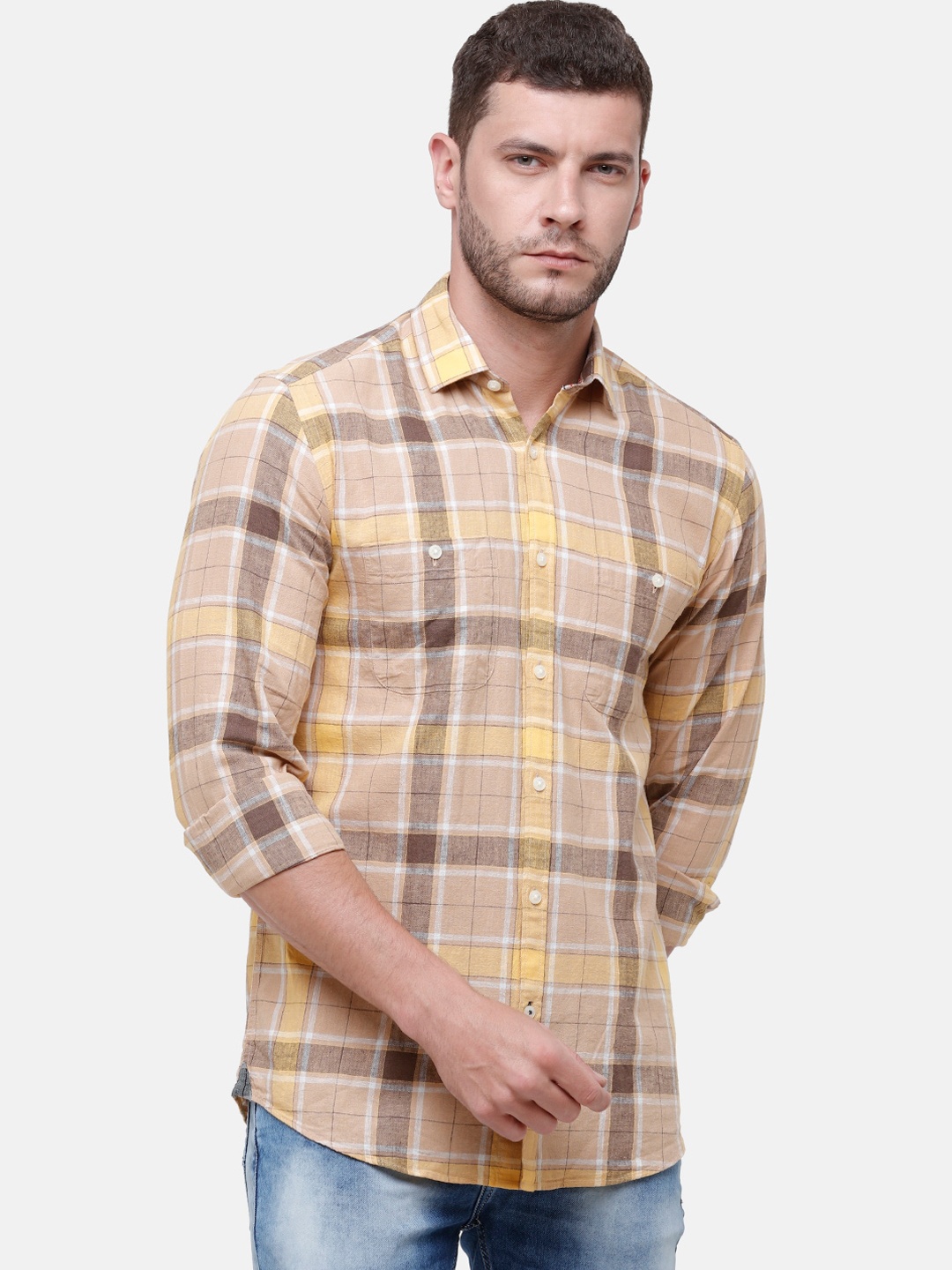 

CAVALLO by Linen Club Men Cotton Linen Brown & Beige Regular Fit Checked Casual Shirt
