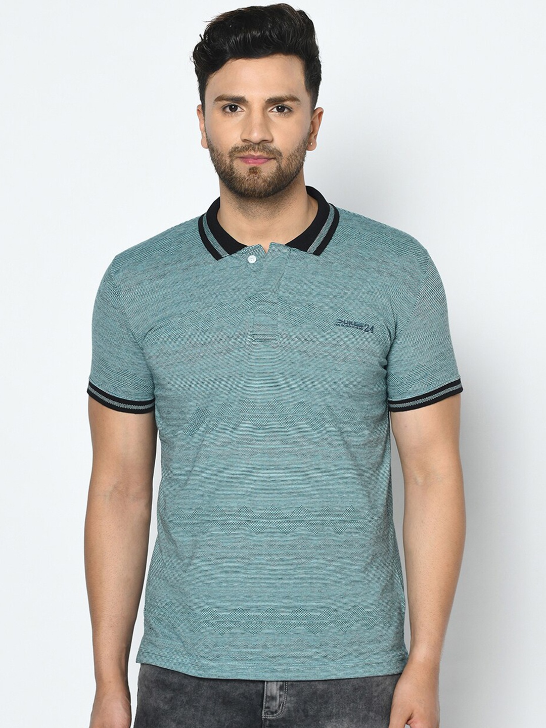 

Duke Men Green Self Design Cotton Polo Collar T-shirt