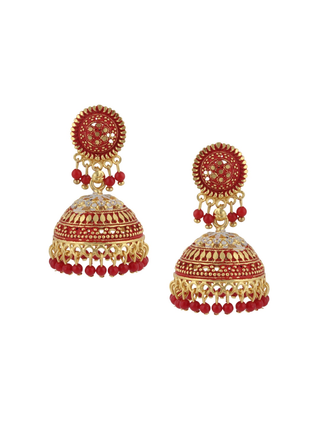 

ANIKAS CREATION Red & Gold-Plated Dome Shaped Jhumkas