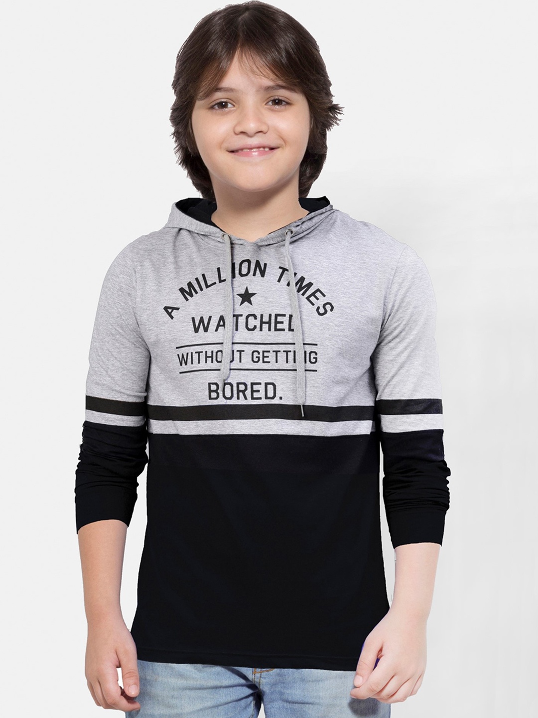 

Maniac Boys Grey & Black Colourblocked Hood T-shirt