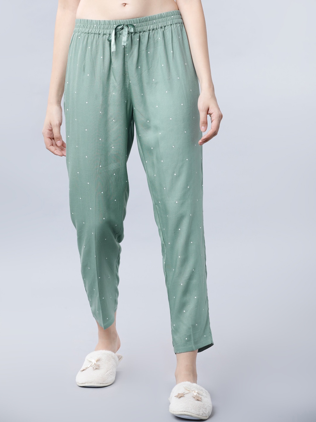 

Tokyo Talkies Women Green & White Polka Dot Printed Lounge Pants