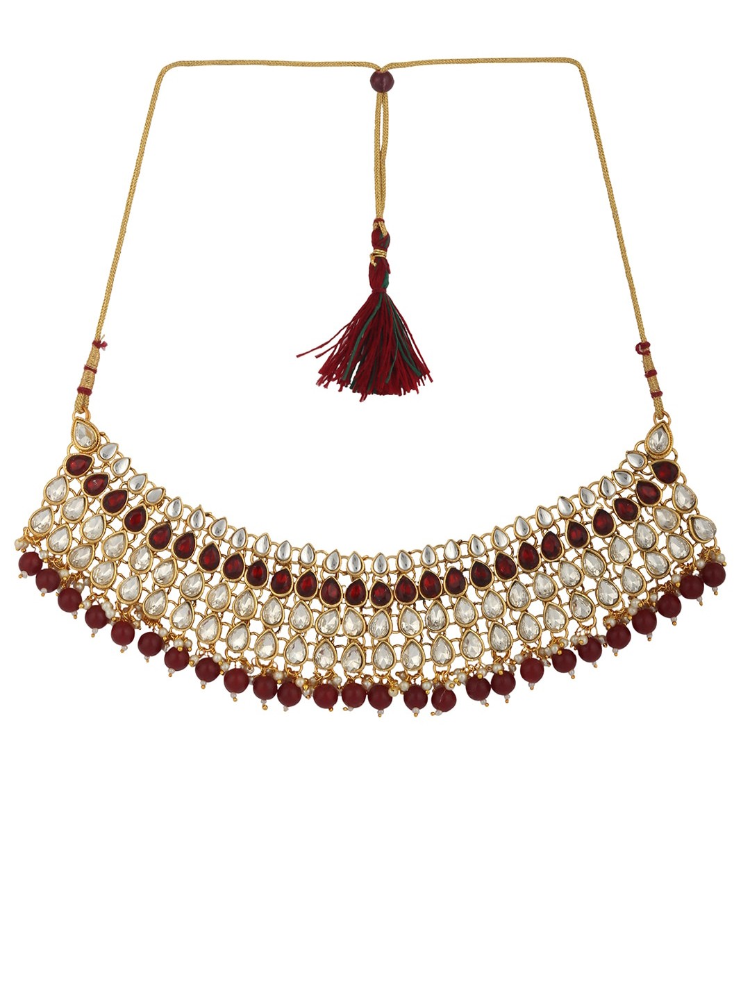 

ANIKAS CREATION Gold Plated Red & White Stone Studded Jadau Jewellery Set
