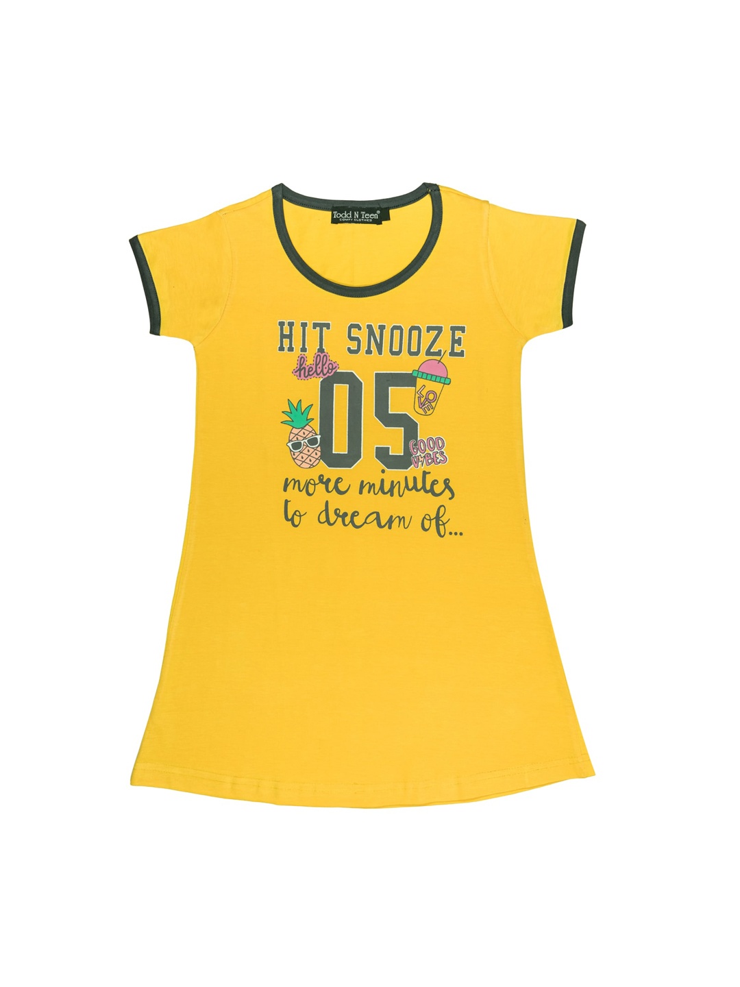 

Todd N Teen Girls Yellow & Charcoal Grey Printed Nightdress
