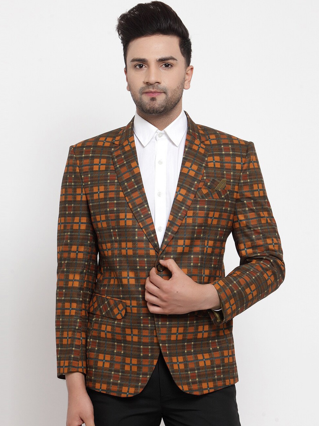 KLOTTHE Men Brown & Orange Checked Slim-Fit Single-Breasted Party Blazer
