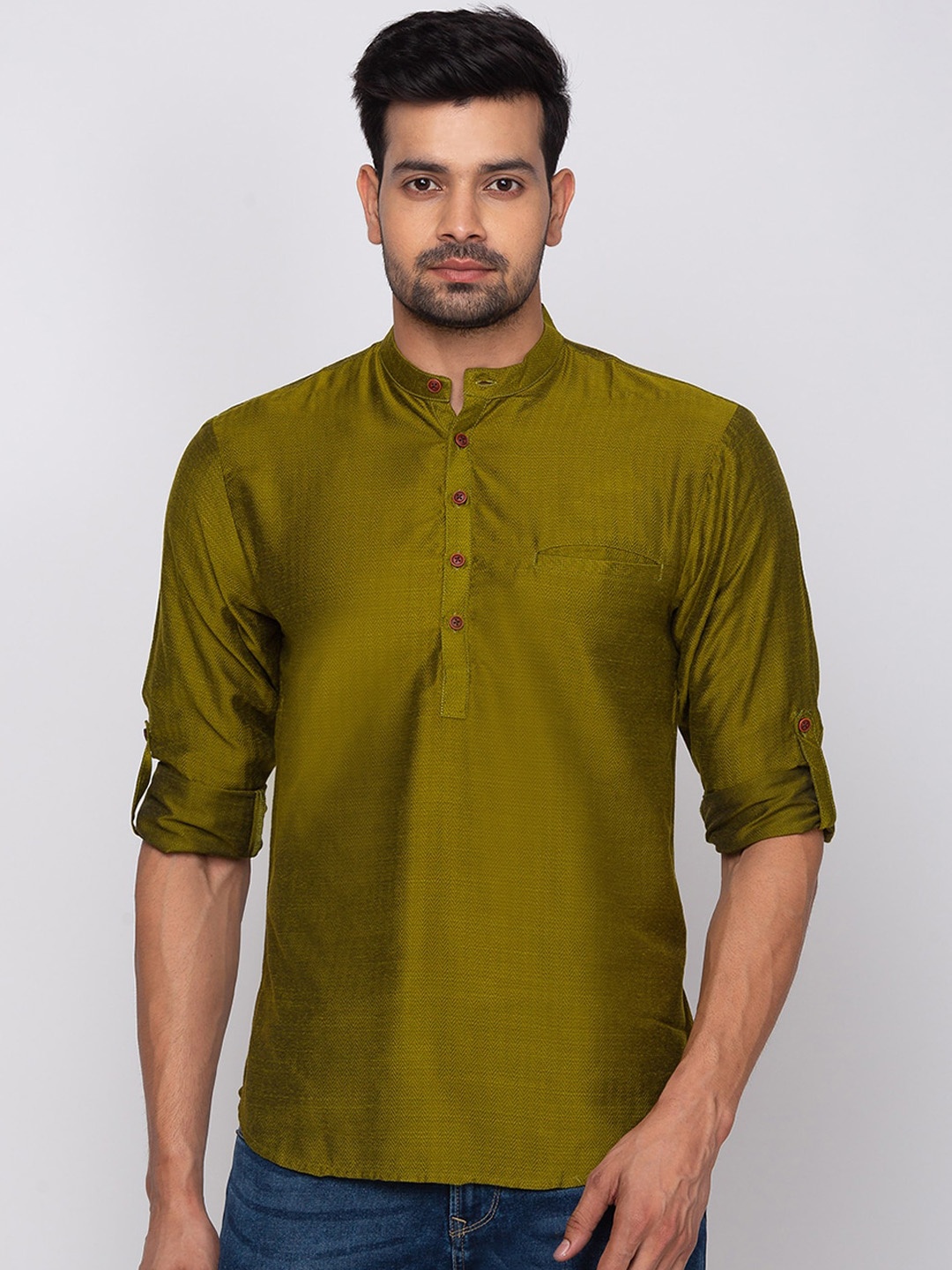 

SALWAR STUDIO Men Olive Green Solid Pathani Kurta