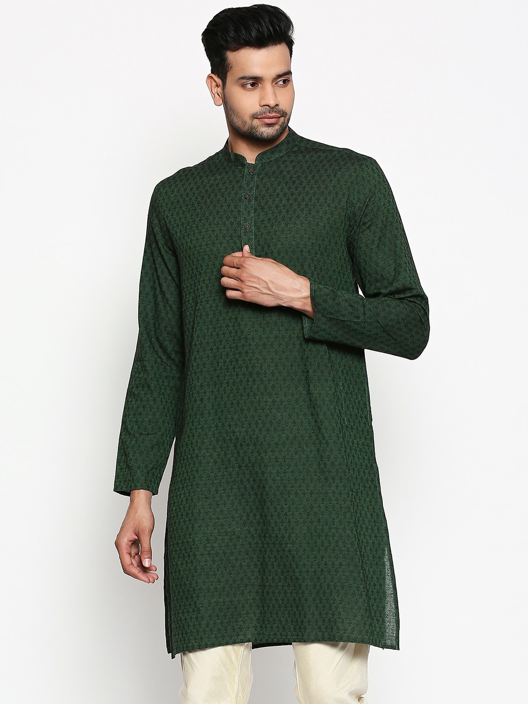 

indus route by Pantaloons Men Green Woven Design Straight Kurta