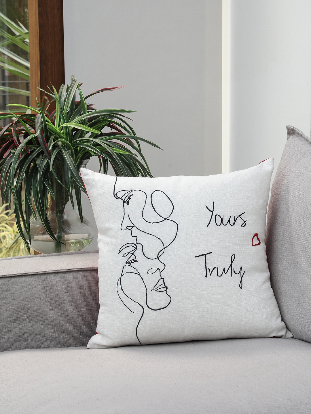 BLUE BOAT Off-White & Red Embroidered Square Cushion Cover