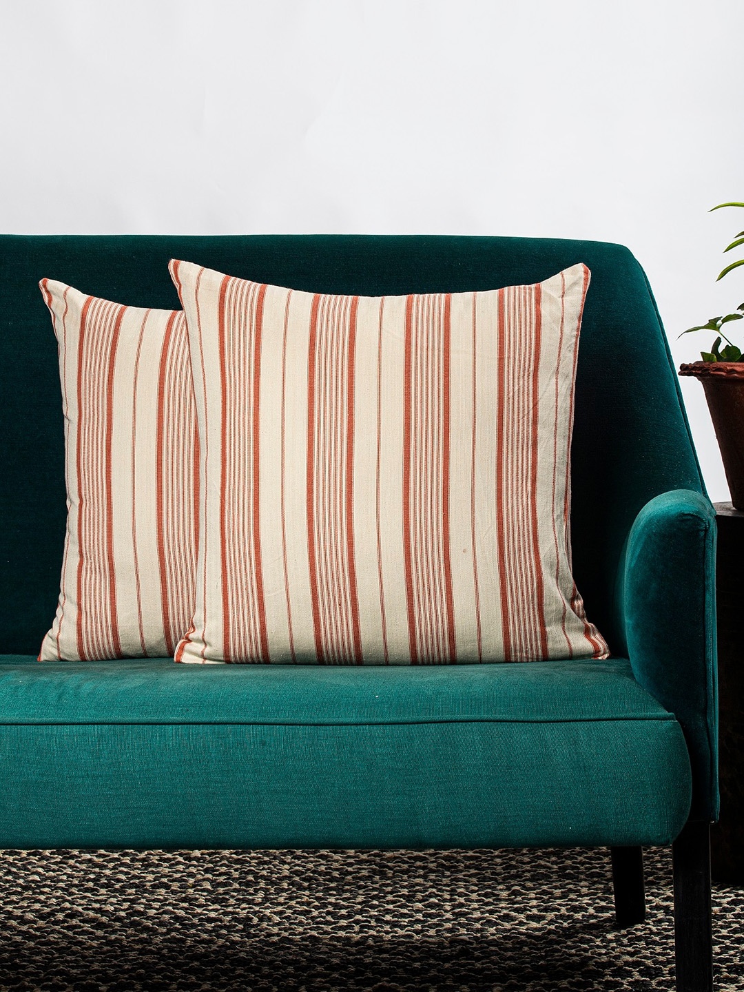 

Contrast Living Beige & Red Set of 2 Striped Square Cushion Covers