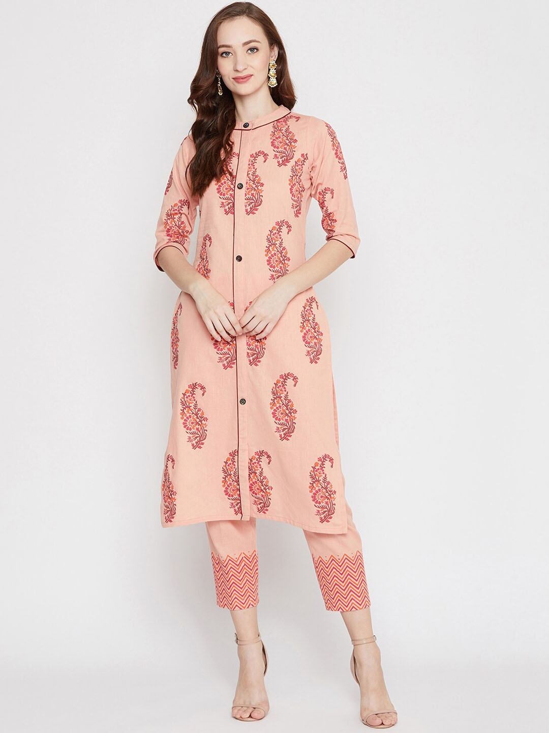 

WineRed Women Peach-Coloured Printed Kurta with Trousers