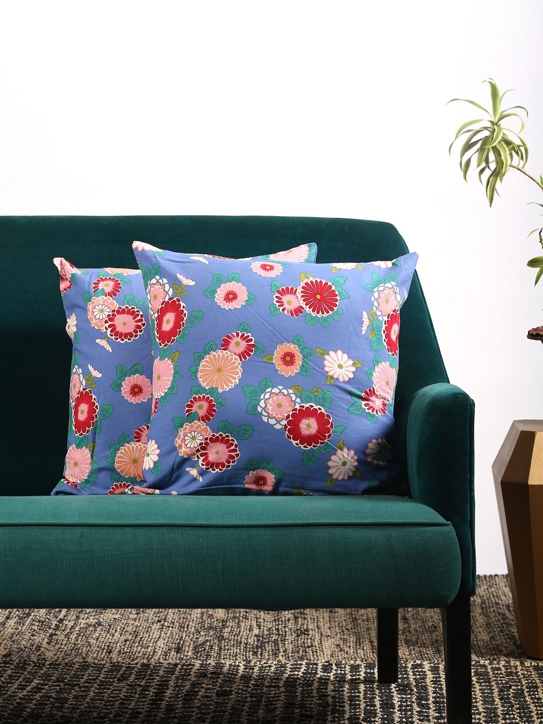 Contrast Living Blue & Pink Set of 2 Floral Cotton Square Cushion Covers