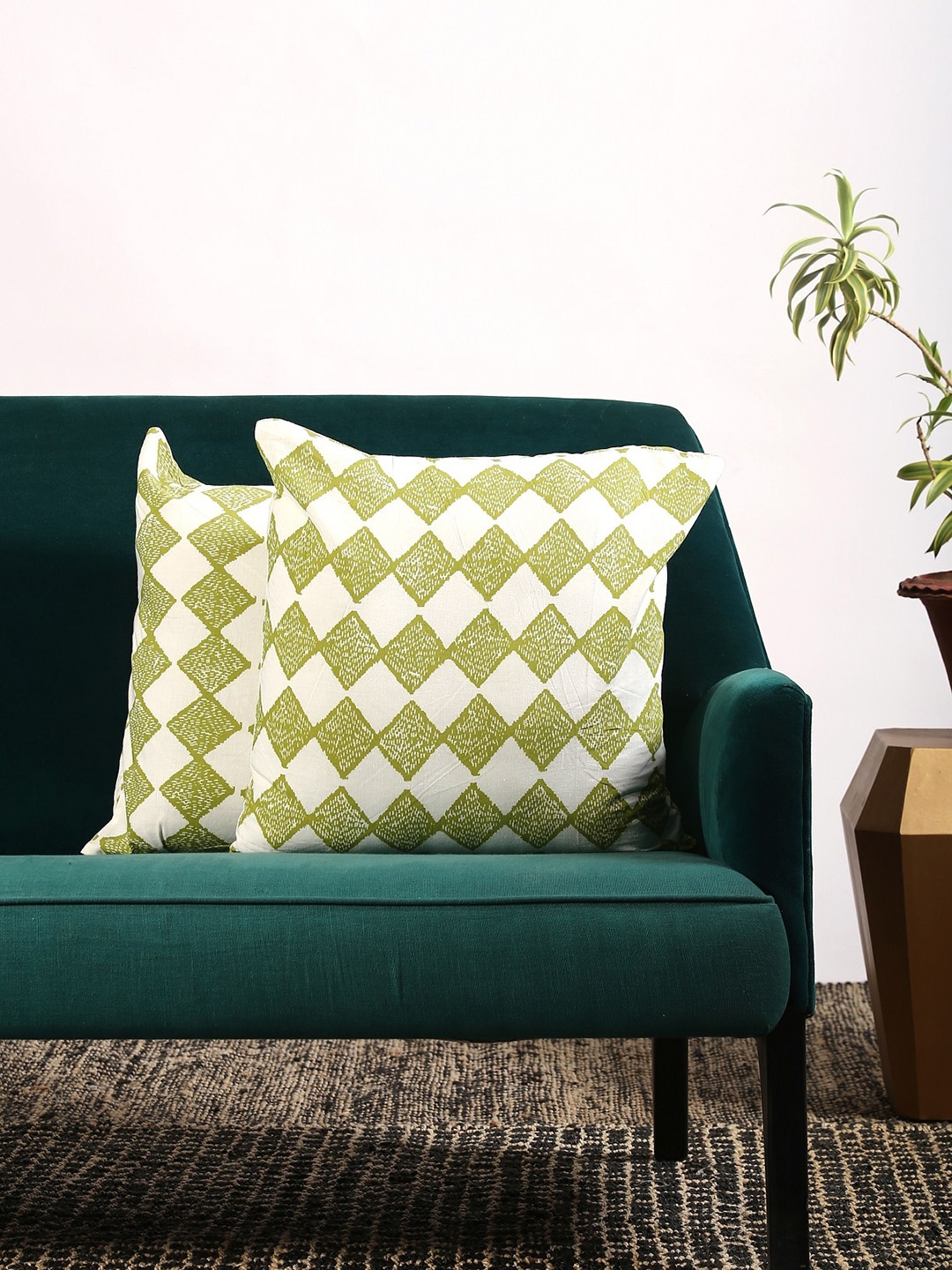 Contrast Living Green & White Set of 2 Geometric Square Cushion Covers