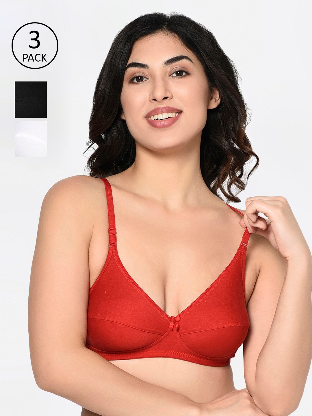 Bodycare Pack Of 3 Black & Red Solid Non-Wired Non Padded Everyday Bras 1567BREDW
