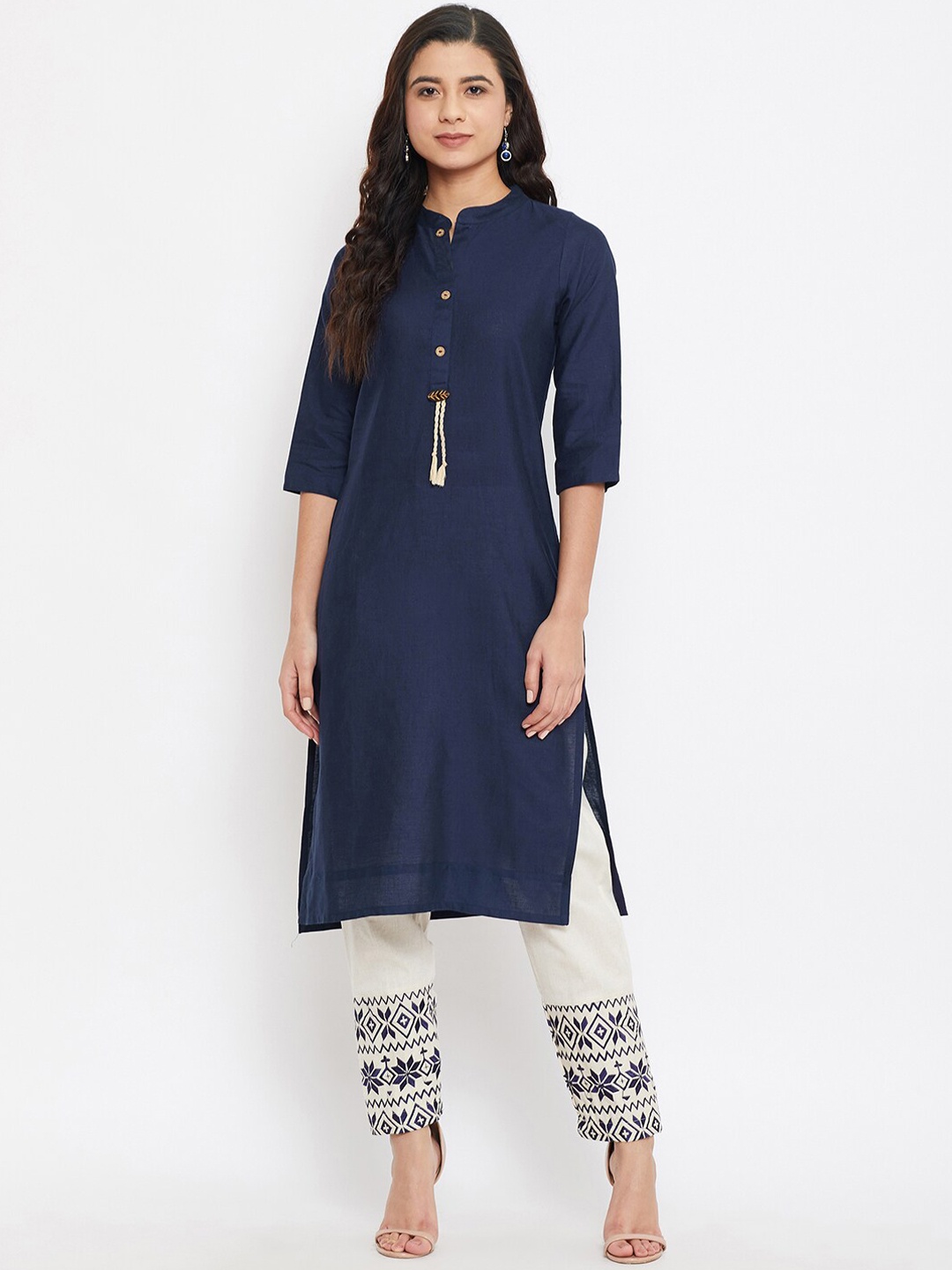 

WineRed Women Navy Blue & Off-White Solid Kurta with Trousers