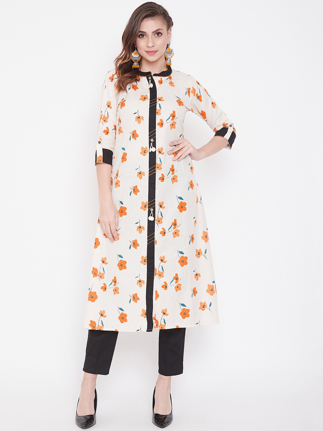 

WineRed Women Off-White & Black Printed A-Line Kurta