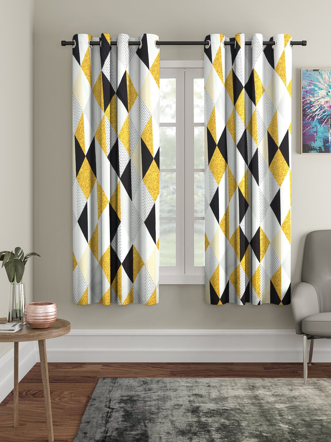 Cortina White & Yellow Set of 2 Digital Printed Window Curtains