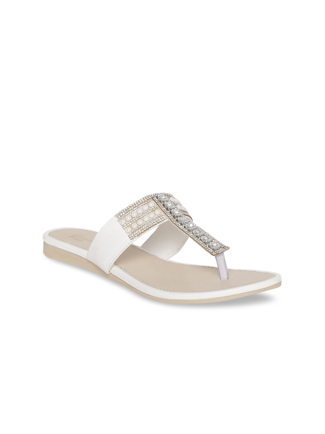 

Padvesh Women White Embellished T-Strap Flats