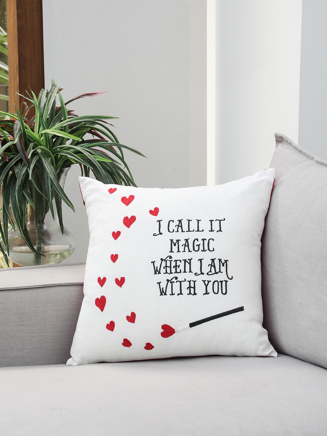

BLUE BOAT Off-White & Red Set of Single Embroidered Square Cushion Cover