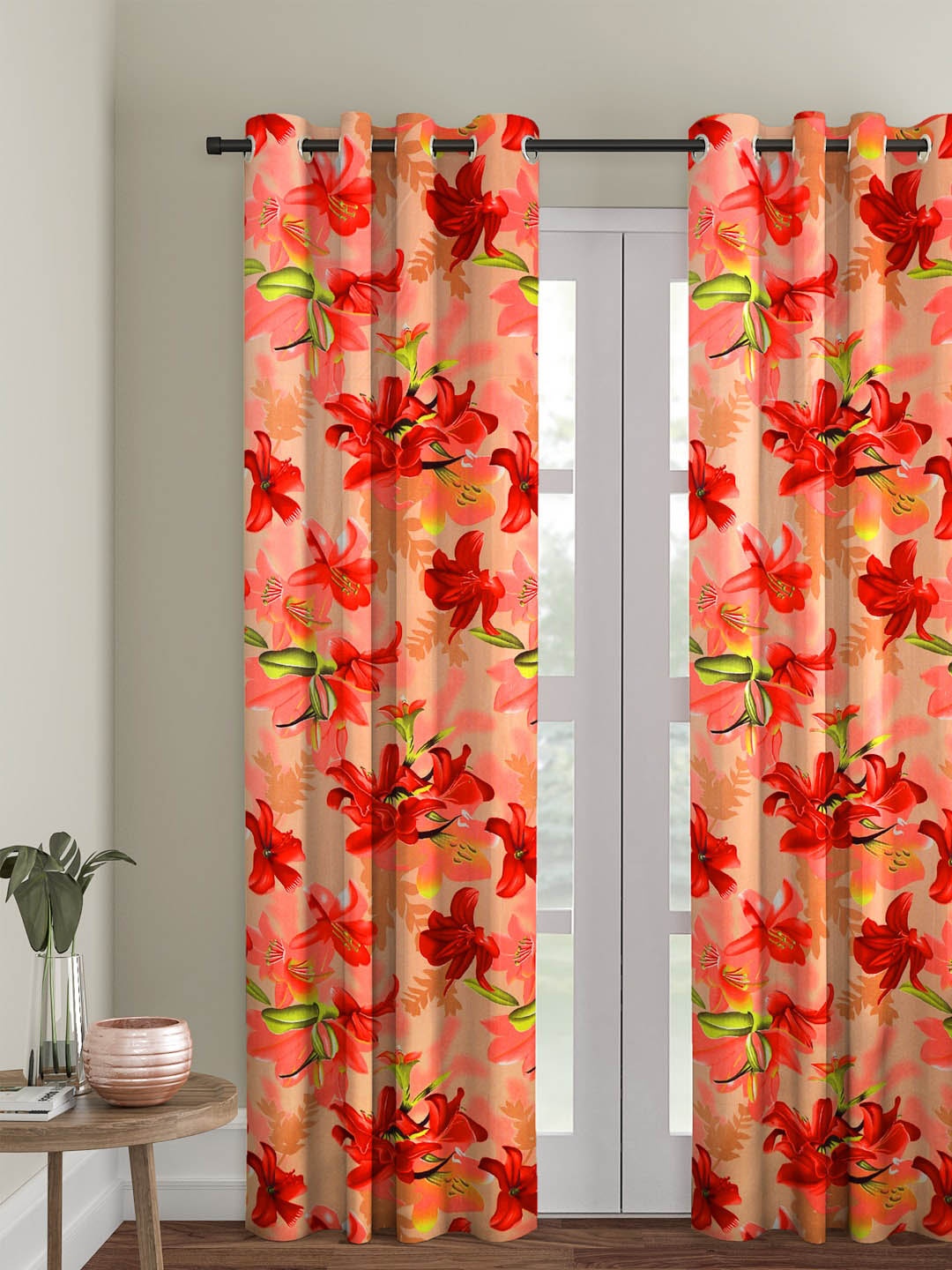 Cortina Single Floral Printed Door Curtain, Orange