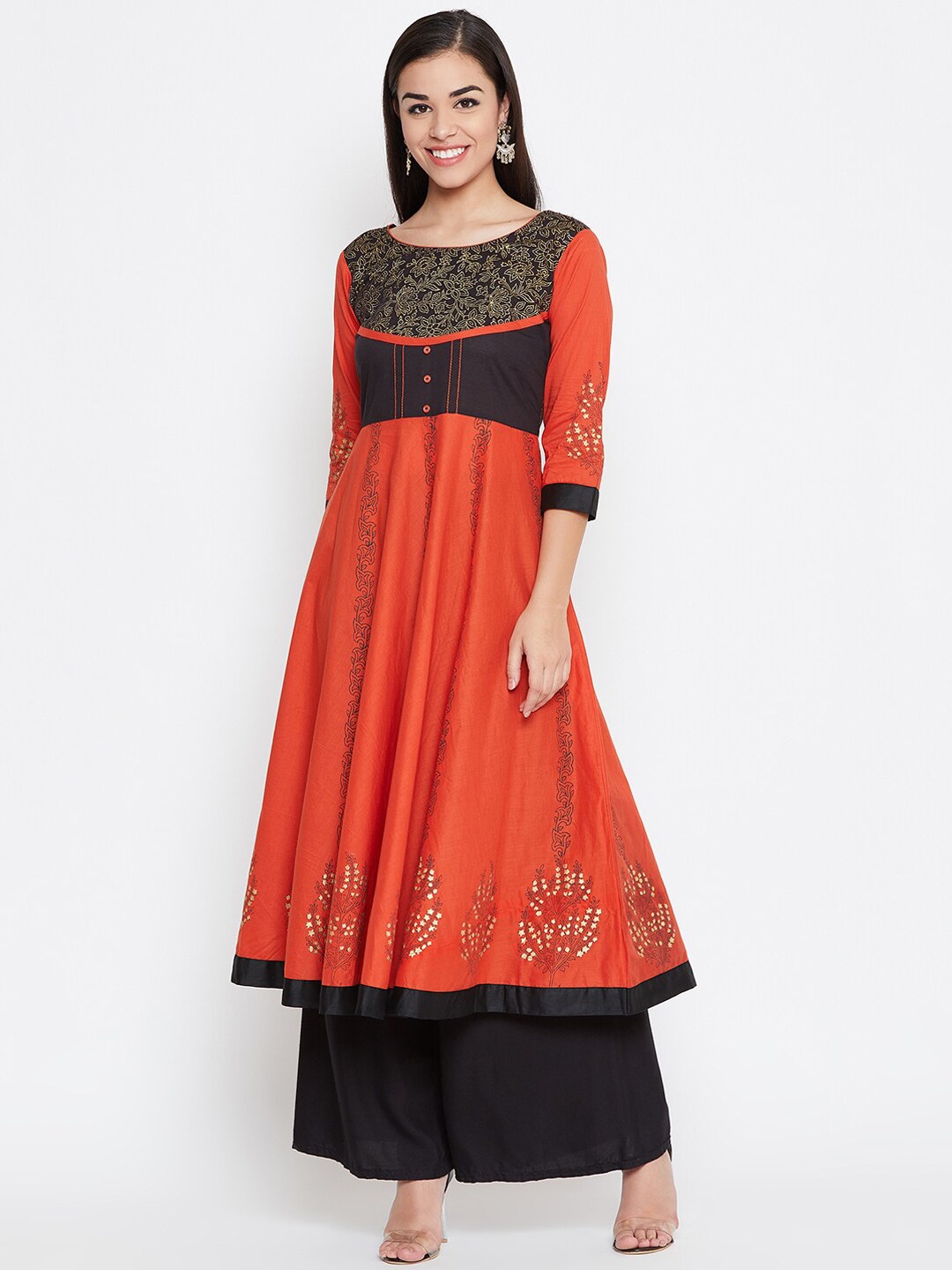 

WineRed Women Orange & Black Printed Anarkali Kurta