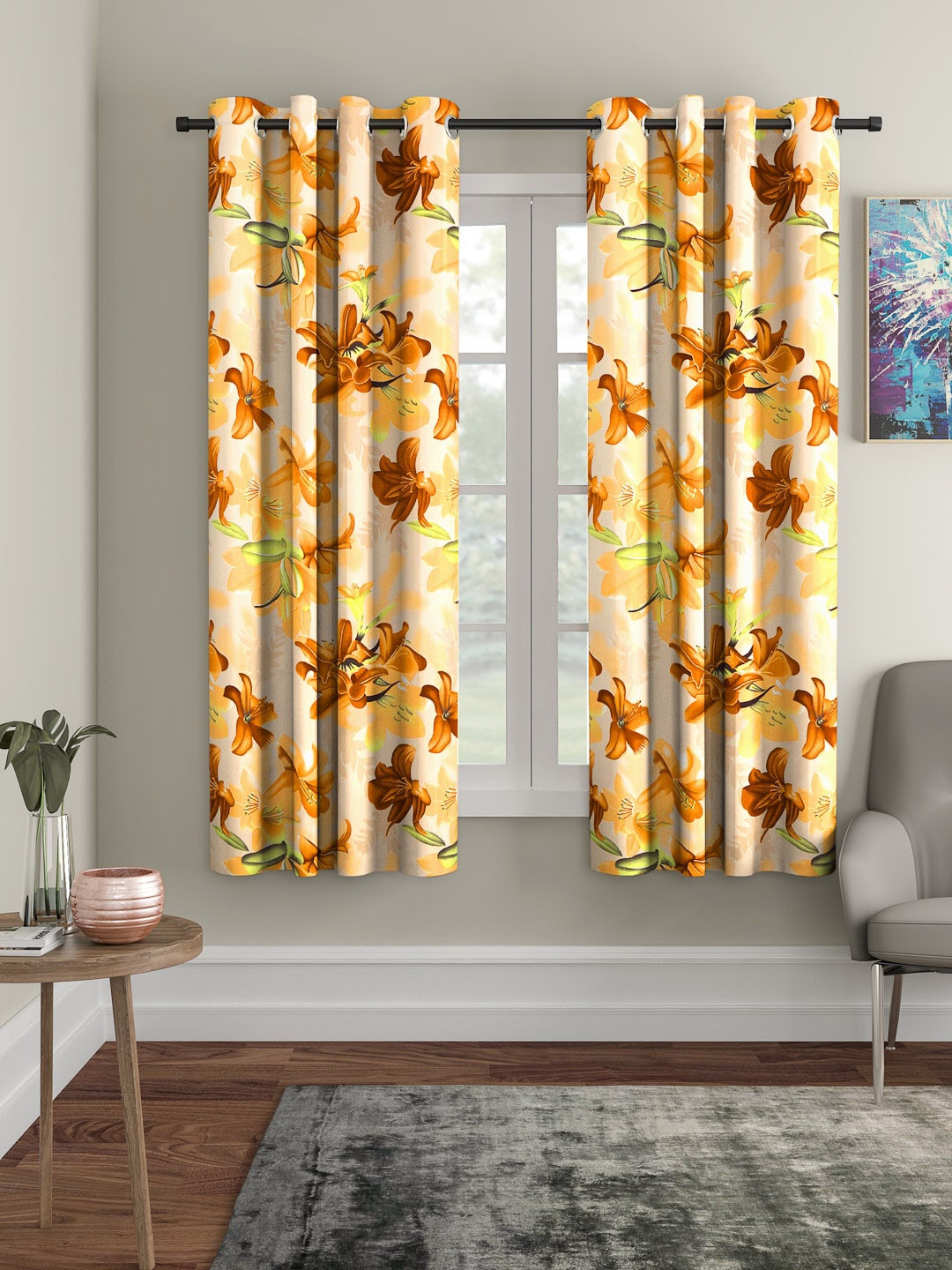 

Cortina Yellow & Brown Set of 2 Floral Printed Window Curtains