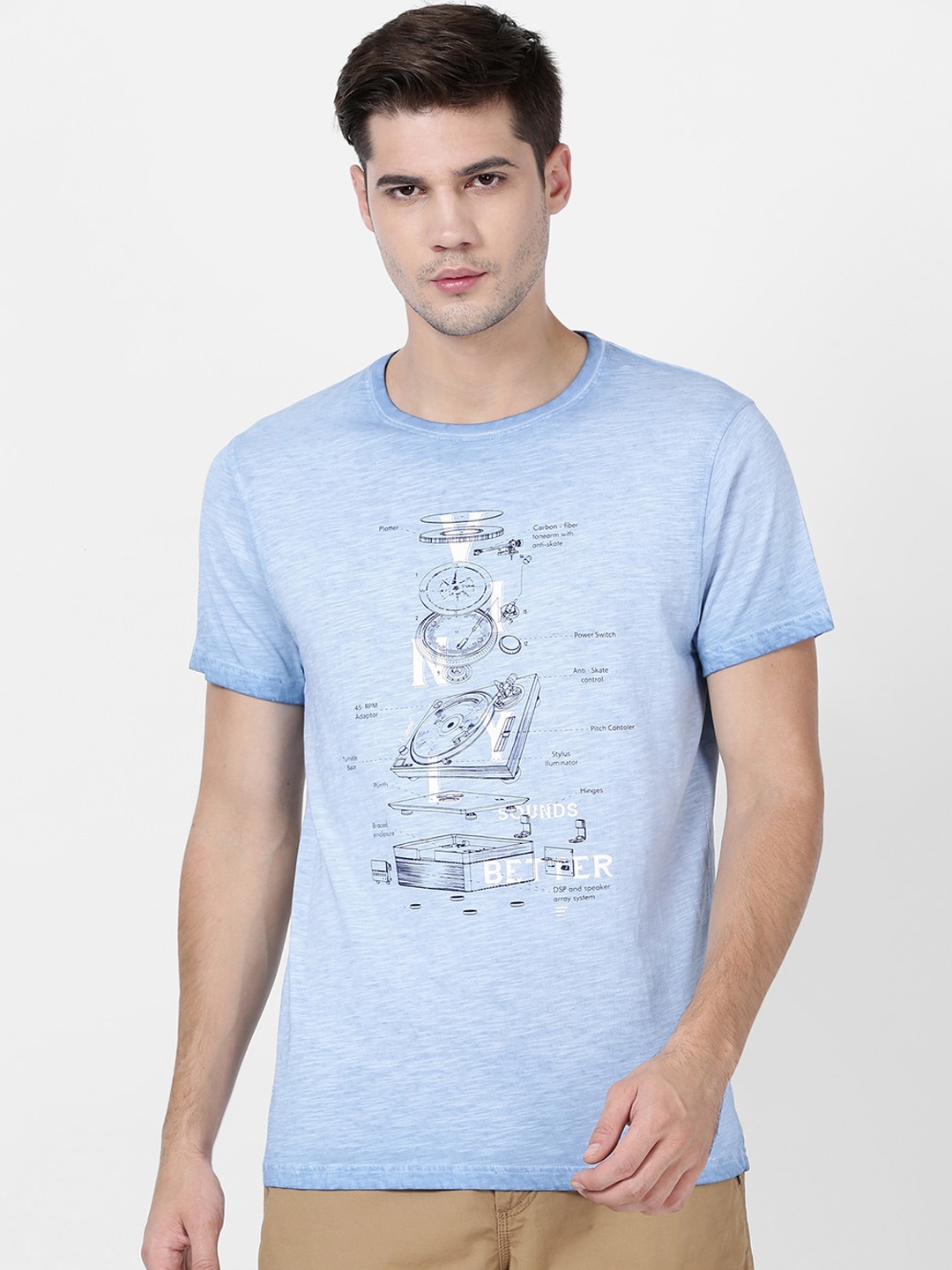 t-base Men Blue Printed Cotton Round Neck Pure Cotton T-shirt