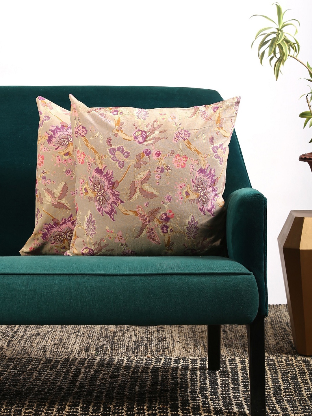 

Contrast Living Set of 2 Beige & Purple Floral Square Cushion Covers