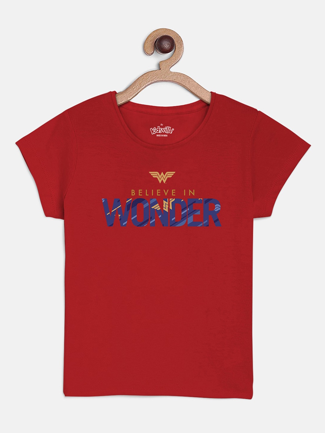 Kids Ville Girls Red Wonder Woman Printed Round Neck Cotton Pure Cotton T-shirt