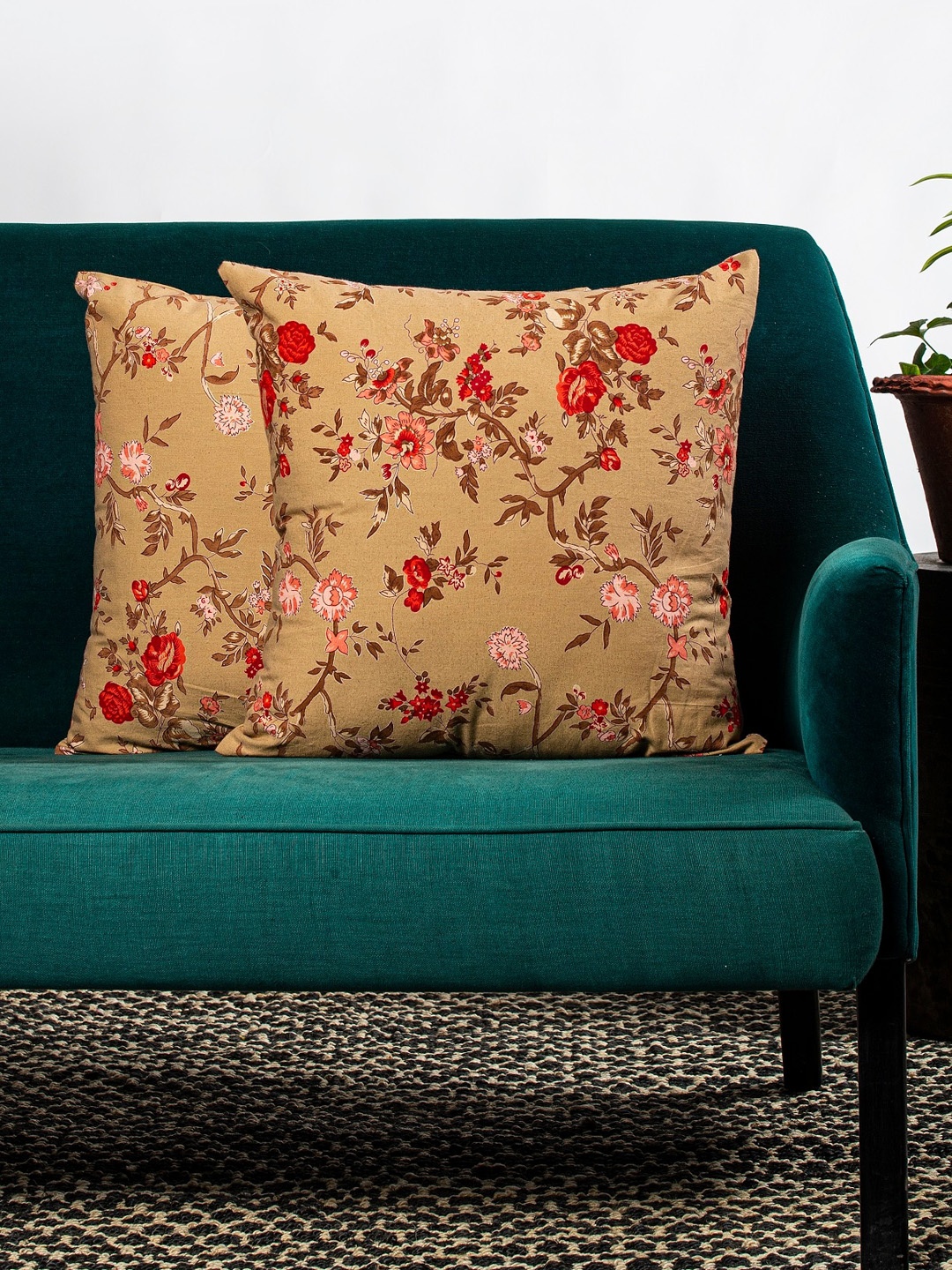 Contrast Living Brown & Red Set of 2 Floral Square Cushion Covers