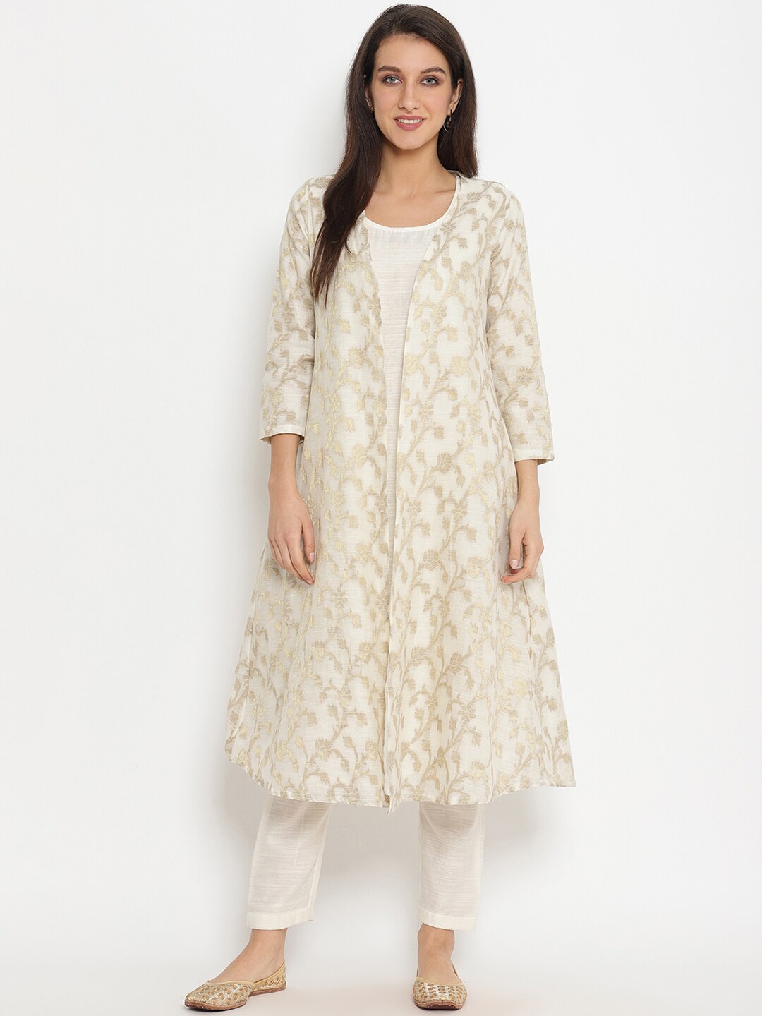 Abhishti Cotton Zari A-Line Kurta With Jacket, White