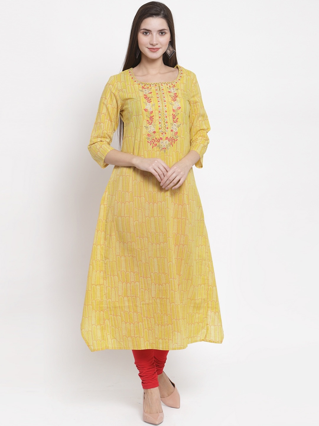 

The Kurta Express Women Yellow & Pink Embroidered A-Line Kurta