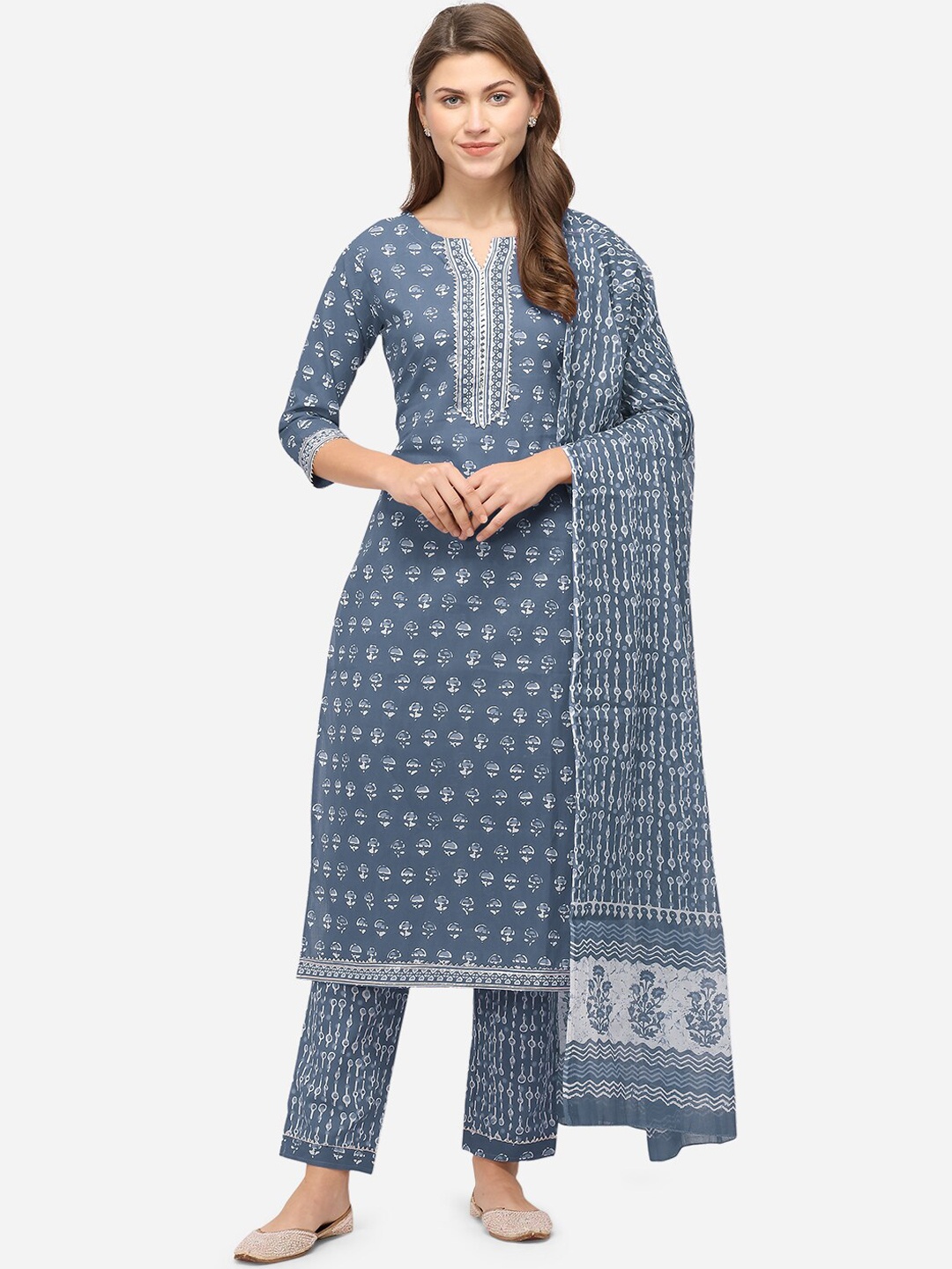

KALINI Women Grey & Off-White Printed Kurta with Trousers & Dupatta