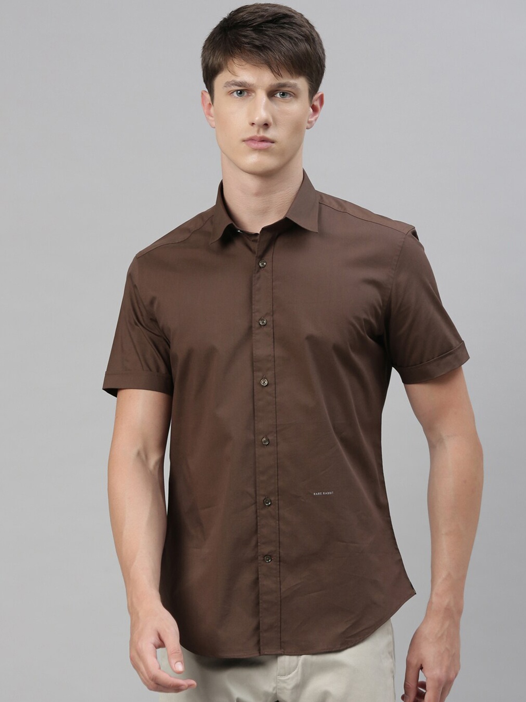 

RARE RABBIT Men Brown Solid Regular Fit Casual Cotton Shirt