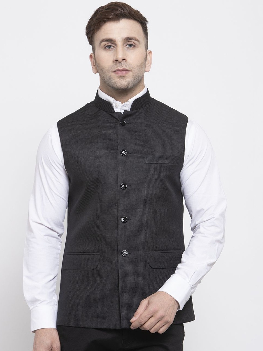 

Wintage Men Black Woven Design Nehru Jacket